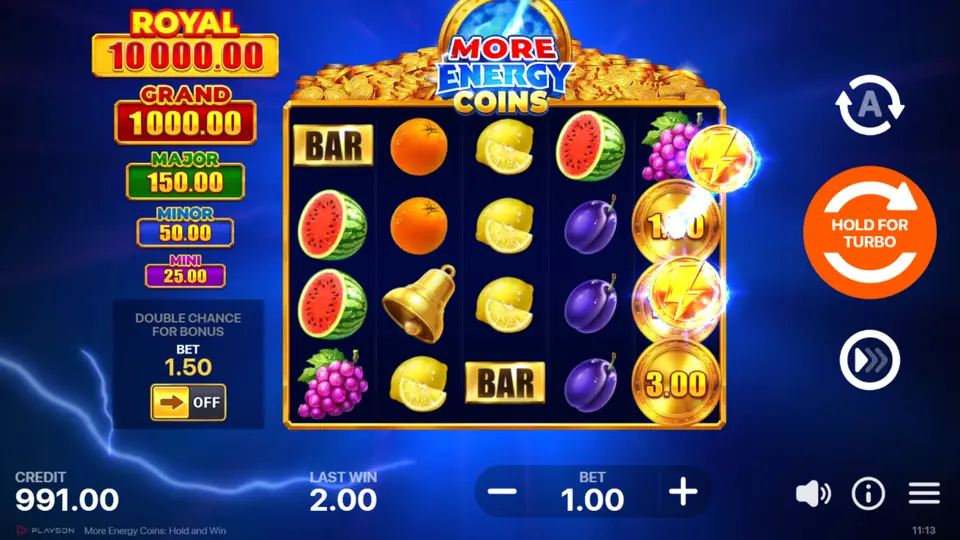 Collect Feature trigger with Energy Bonus Symbol and bonus symbol values highlighted