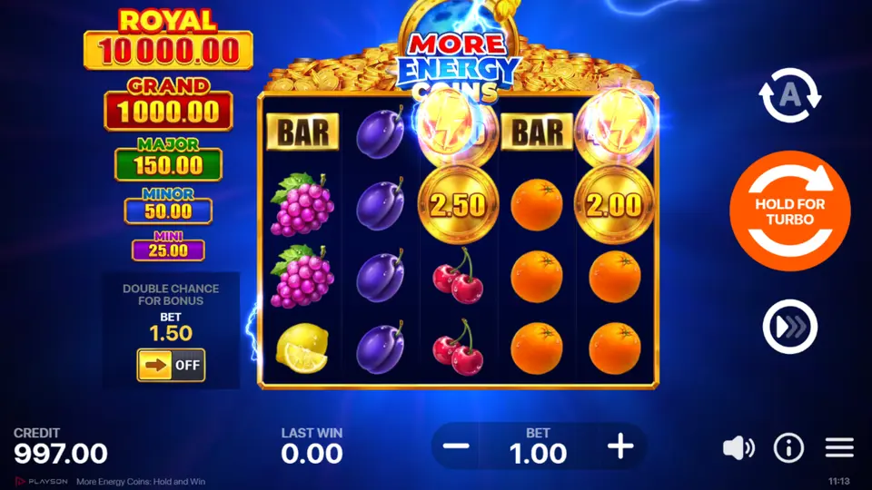 More Energy Coins full 5×3 grid showing all fruit symbols and 20 paylines